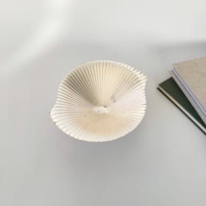 May include: A white, fan-shaped decorative bowl with a textured, ridged surface. The bowl has a small hole in the center and is set against a neutral background. The bowl is a decorative item.