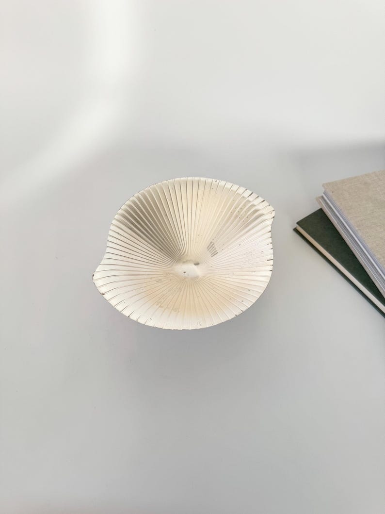 May include: A white, fan-shaped decorative bowl with a textured, ridged surface. The bowl has a small hole in the center and is set against a neutral background. The bowl is a decorative item.