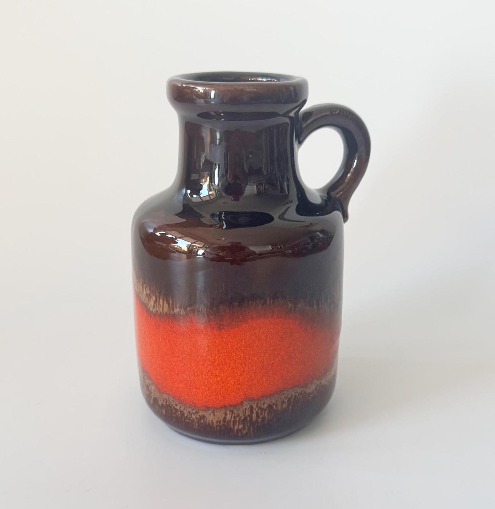 Scheurich 414-16, Vase Keramik mit Henkel, Glasiert Braun, Orange, Laufglasur, West Germany, WGP, Retro Keramik, Mid Century, 1970er Jahre