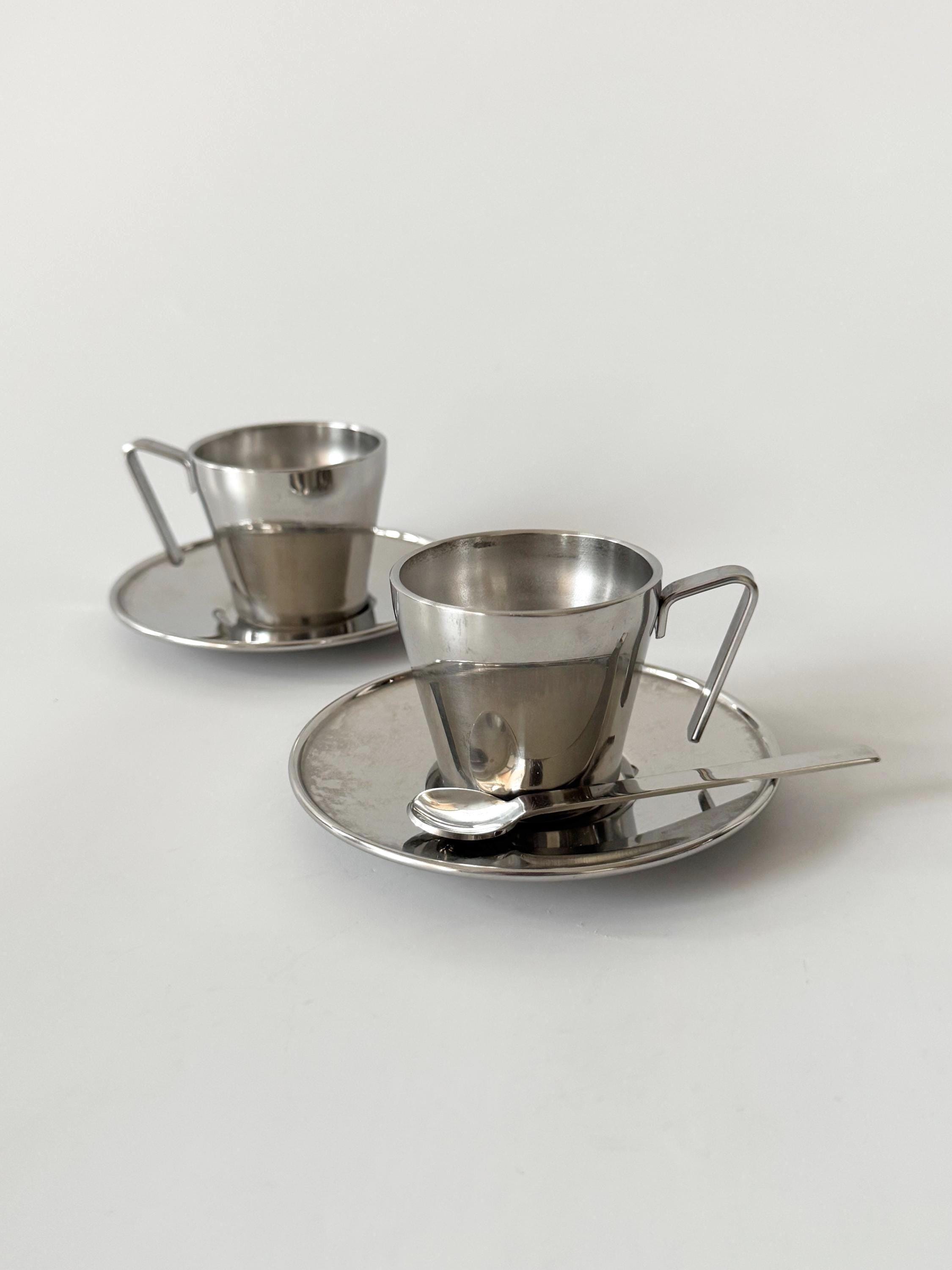 Duo De Tasses à Café En Verre Rétro - Anses Métalliques - Bon état