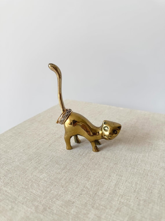 Mid-Century Brass Cat Ring Holder, Brass Cat Figu… - image 1
