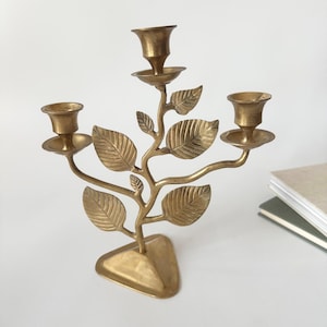 Brutalist brass tree candlestick, Art Nouveau 3-arm candlestick, solid brass, leaves relief, Mid Century, Brutalism Vintage