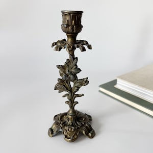 Art Nouveau brass flower candlestick, candle holder made of solid brass, leaves relief, Mid Century, Brutalism, Art Nouveau, Vintage