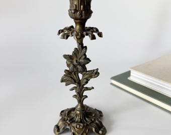 Art Nouveau brass flower candle holder, solid brass candlestick with leaf relief, Mid Century, Brutalism, Art Nouveau, Vintage