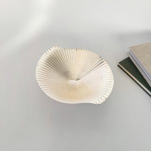 May include: A silver-colored, fan-shaped decorative bowl with a textured, ridged surface. The bowl is positioned on a white surface, with a stack of books visible in the background. The bowl's design resembles a seashell.