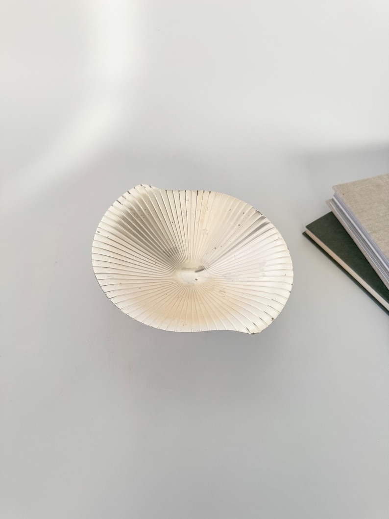 May include: A silver-colored, fan-shaped decorative bowl with a textured, ridged surface. The bowl is positioned on a white surface, with a stack of books visible in the background. The bowl's design resembles a seashell.