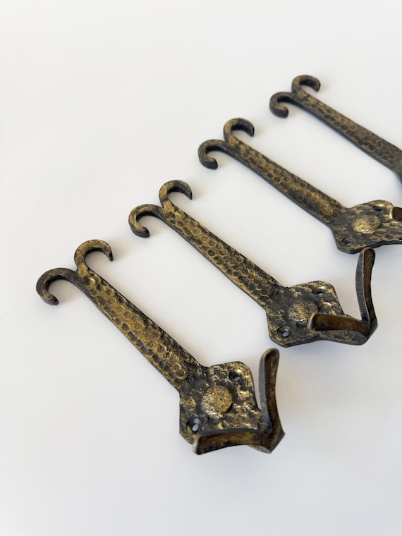 Brass Bronze Set of Wall Hooks Hammered, Hook Rail Cast Iron - Main Image