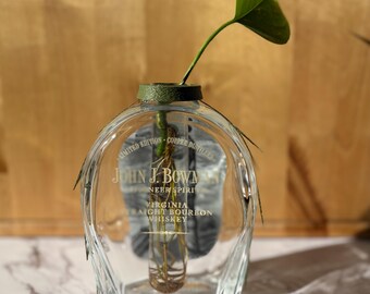 John J. Bowman Bourbon Bottle Propagation Vase | Up-cycled Whiskey Bottle Décor with 3D-Printed Vine Detail | Unique Bar or Home Gift