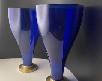 Vintage Cobalt Blue Wine Goblets with Brass Base (Set of 2)