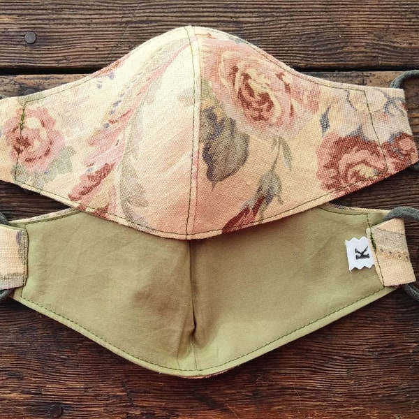 rustic floral French country linen with all cotton lining stretchy jersey earloops contoured fitted style facemask 2 layers limited edition