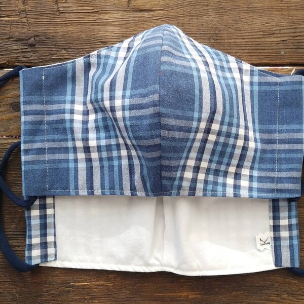 handsome men's blue plaid and white 2 layers cotton mask stretchy spandex earloops wide style comfy mask w nosewire option office worthy