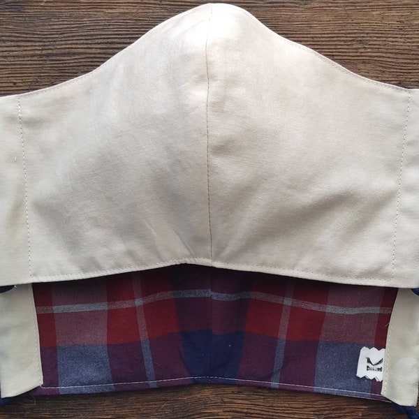 handsome men's mask light khaki outer and plaid inside 2 layers cotton mask navy spandex earloops wide style comfy mask w nosewire option