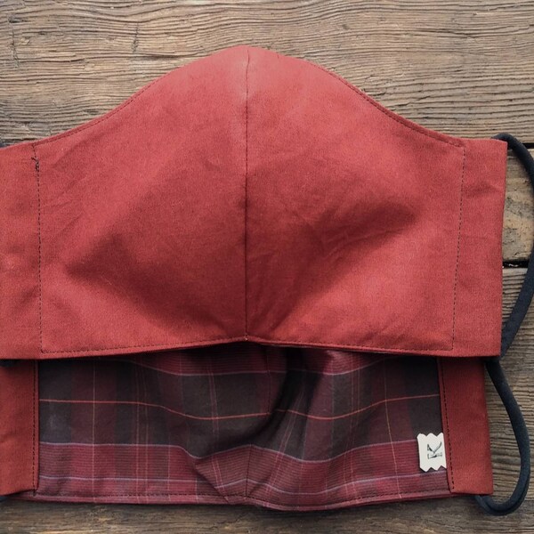 men's or teen's mask brick red outer and plaid inside 2 layers cotton mask black spandex earloops wide style comfy mask w nosewire option
