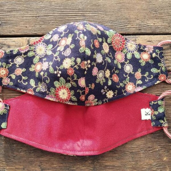 cloisonne flower print navy red gold facemask 2 layers cotton mask with comfy jersey earloops contoured fitted mask nose wire option