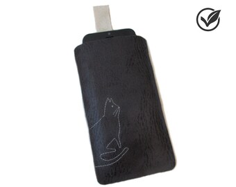 Vegan phone sleeve cat black faux leather case