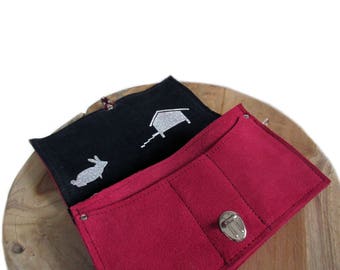 big red leather wallet screenprint rabbit