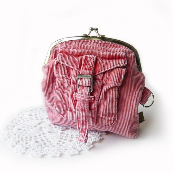 unique repurposed corduroy frame purse pink