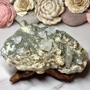 Epidote with Calcite Crystals on Matrix – Green and Clear Raw Mineral Specimen, Natural Crystal Cluster for Healing or Home Decor
