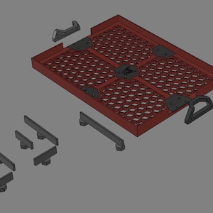 May include: A red plastic tray with a honeycomb pattern and black plastic handles. The tray is disassembled and includes several black plastic pieces.