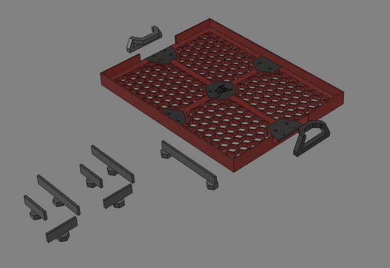 Puede incluir: Una bandeja de pl&aacute;stico roja con un patr&oacute;n de panal y asas de pl&aacute;stico negro. La bandeja est&aacute; desmontada e incluye varias piezas de pl&aacute;stico negro.