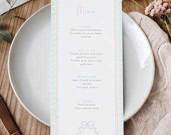 Pastel Bow Baby Shower Menu Template, Editable Canva (PDF)