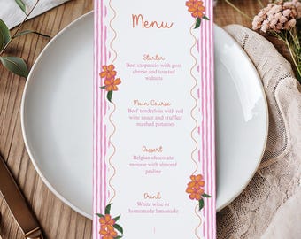 Floral Pink Stripes Bridal Shower Menu Template (Digital Download)