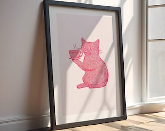 Różowy kot z kawą: Sztuka ścienna do kuchni w stylu retro (do pobrania cyfrowego)