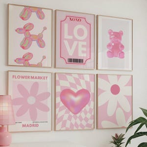 Pink preppy wall art, Trendy Gallery Wall Set, Feminine wall art, Posters for dorm room, Set of 6, Playroom Prints, pink aesthetic posters
