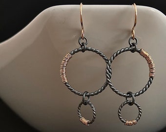 Handmade Oxidized Sterling Silver Hoop Dangle Drop Gold Filled Earrings with Gold Filled Ear Wires