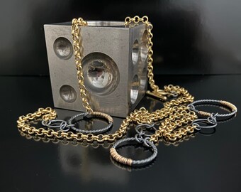 Handmade Unique Unusual Heavy Gold Filled Chain and Oxidized Twisted Rings with Accented Gold Filled Wire  and Toggle Clasp