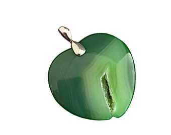 Green druzy crystal heart pendant with heavy sterling silver bail