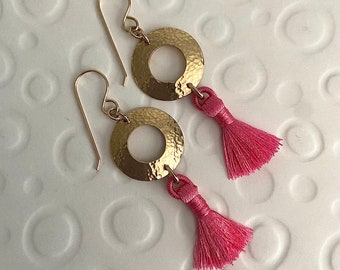 Gold Filled Handmade Hammered Earrings with Pink Tassels and  French Ear Wires