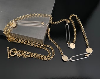 One of a Kind Handmade Gold Filled Heavy Roll Chain and Sterling Silver 36 inch Chain with Gold Filled Toggle