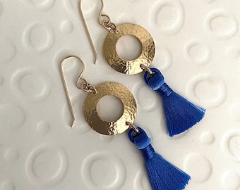 Gold Filled Handmade Hammered Earrings with Blue Tassel and  French Ear Wires