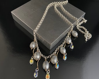 Unusual Unique Sterling Silver Rolo Chain Gold Filled Genuine Grey Pearl Swarovski Teardrop Necklace Pendant with Sterling Silver Toggle