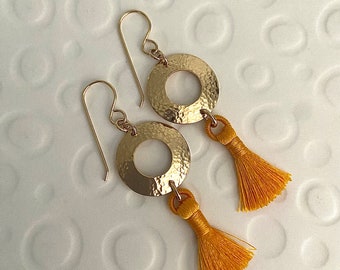 Gold Filled Handmade Hammered Earrings with Yellow Tassels and  French Ear Wires