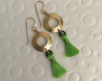 Gold Filled Handmade Hammered Earrings with Lime Green Tassels and  French Ear Wires