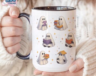 Taza de fantasma linda, taza de fantasma espeluznante, taza de Halloween, regalo de Halloween, regalo divertido de fantasma, fantasma lector, regalo de libros, fantasma leyendo un libro