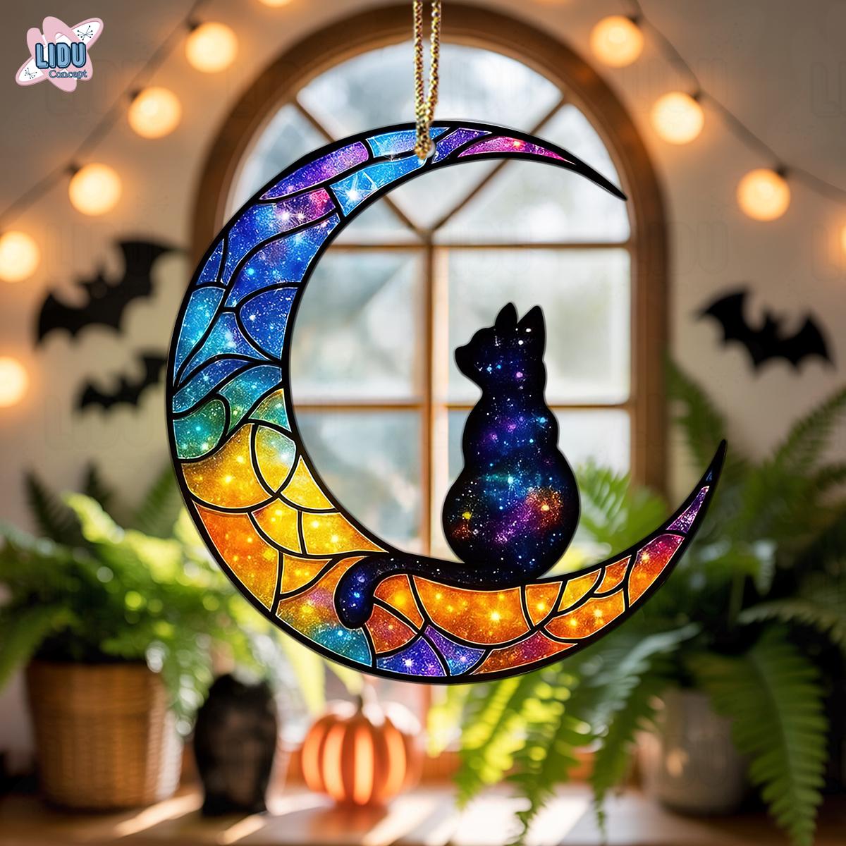 オーナメント 月 黒猫 妖精 2D アクリル製 鉄製チェーン付き かわいい