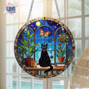 Cat Acrylic Suncatcher, Black Cat Suncatcher, Cat Lover, Cat Mom, Gift For Cat Lovers, Book Lover Gift, Bookish Gift, Christmas Suncatcher