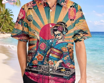 Camisa japonesa Geisha DJ Hawaii, camisa asiática abotonada, camisa estilo retro Ukiyo-e, camisa casual de verano, camisa para festivales