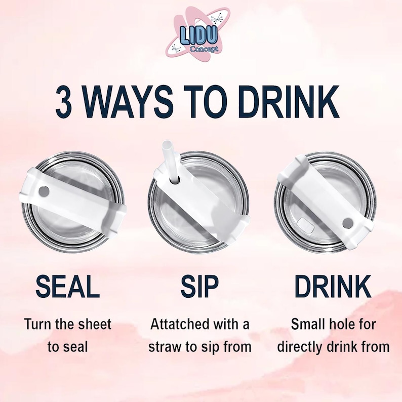 May include: A close-up of three different ways to drink from a tumbler lid. The lid has a seal, a sip hole, and a drink hole. The text "3 WAYS TO DRINK" is at the top of the image.