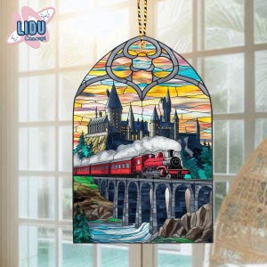 Magic Train Acrylic Ornament, Wizard School Window Decor, Fantasy Castle Hanging, Stained Glass Style Ornament, Witch Gift, HP Ornament