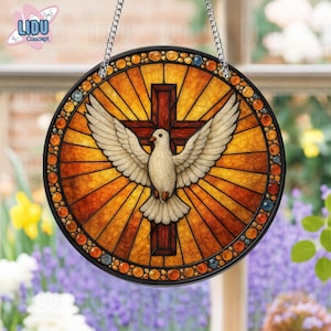 Holy Spirit Suncatcher, Christian Dove Stained Glass, Cross Window Hanging, Religious Glass Decor, Faith Home Gift, Church Window Art
