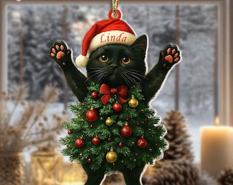 パーソナライズされた黒猫のクリスマスオーナメント：アクリル製