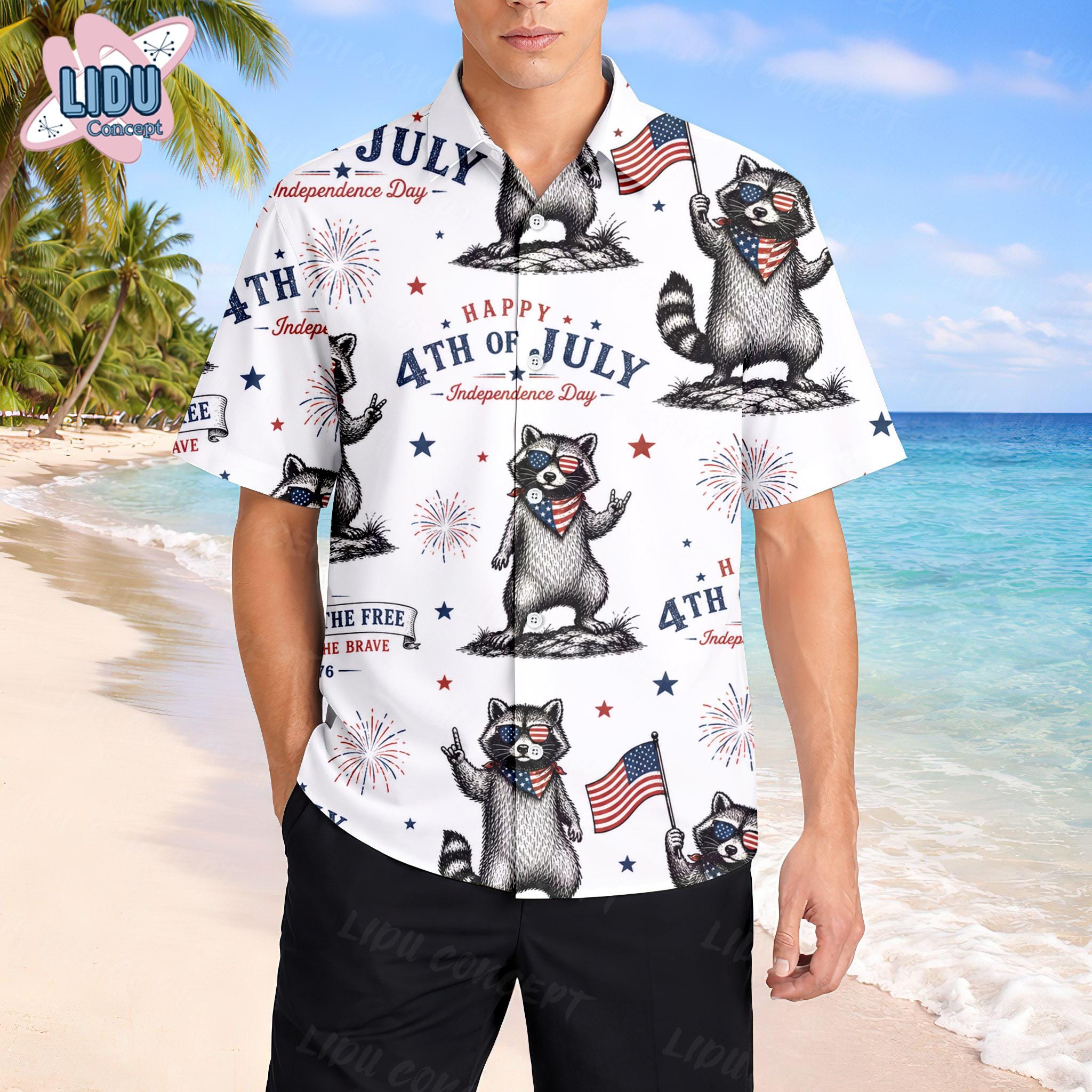 Discover Raccoon Feral and Free Hawaii Shirt, 4th of July Independence Day Gift, USA 250th Anniversary Tropical Shirt