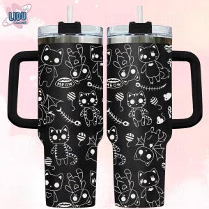 Katzenbecher mit Griff, Gothic Halloween Katze 40 Unzen Becher, gruselige Kitty Tasse, 40 Unzen schwarze Katze, Horror Vibe, Halloween Geschenk, Halloween Katze