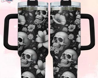 Gothic Skull Floral Tumbler with Handle, Dark Academia Cup, Halloween Travel Mug Gift, Halloween Gift, Skull Lover, Skeleton, Halloween