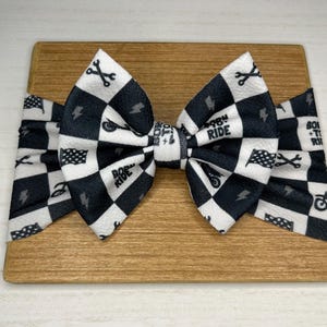 Black Checkered Motocross Dirt Bike Baby Girl Hair Bow and Headwrap| Liverpool Fabric