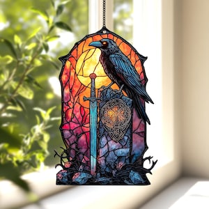 Gothic Raven and Sword Acrylic Suncatcher, Faux Stained Glass Crow Raven Window Decor for Halloween, Witchy Wall Art, Black Raven Art